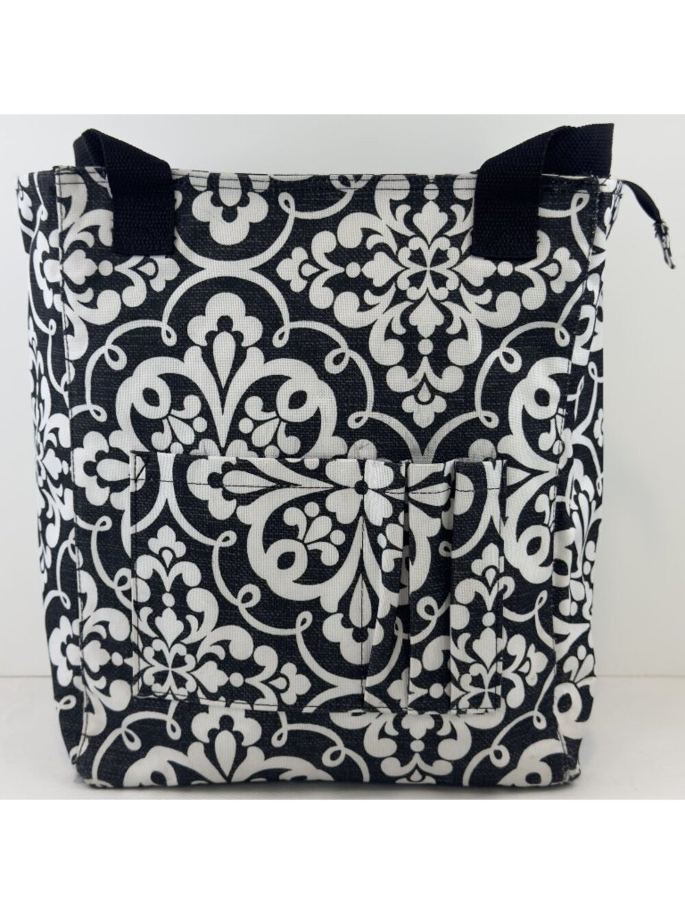 Thirty-One Black & White Damask Tote Bag Zipper Closure Handles Utility Bag 13"